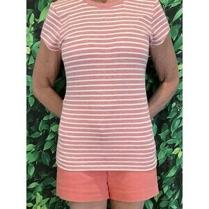 🍊 New with Tags TAHARI Coral & White Striped Short Sleeve Tee | Size Medium